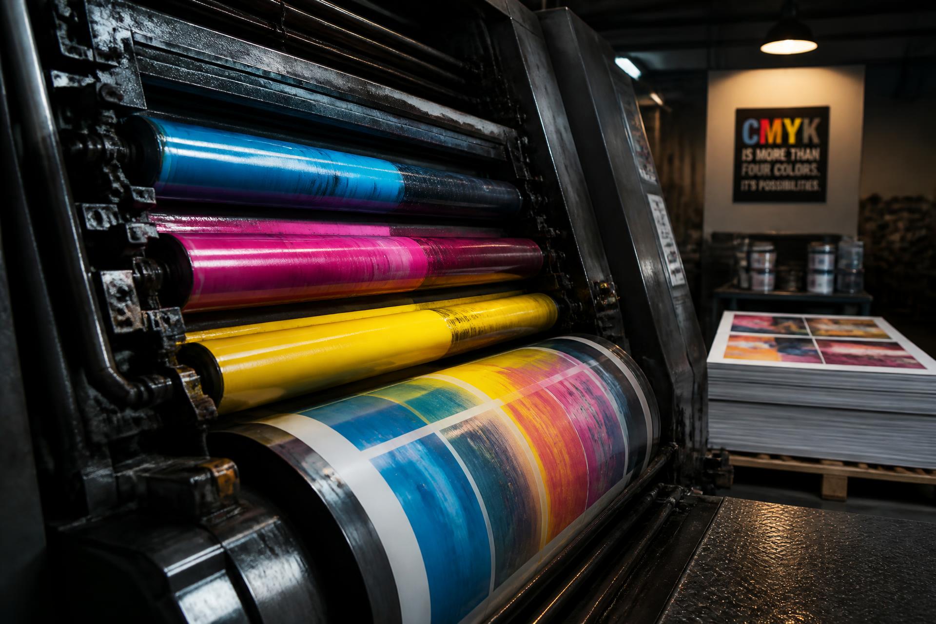 CMYK offset printing press in action
