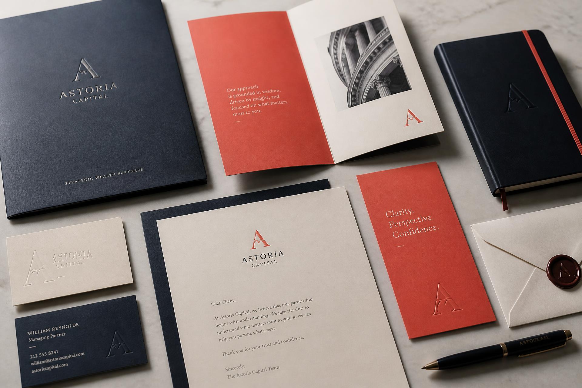 Brand identity print collection — stationery and brochures